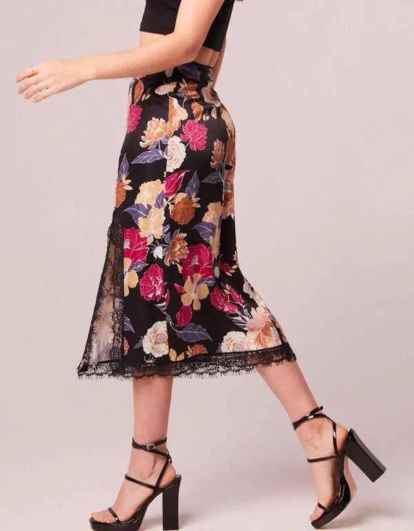 New Band of the Free Floral Print Lace Slit Slip Midi Skirt Black Multi Size XS - Image 5
