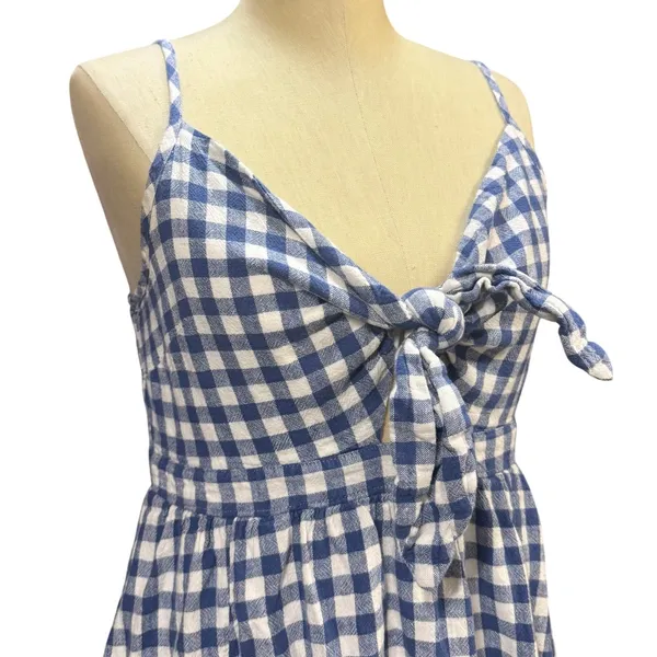Old Navy L SL Tie Front Gingham Mini Dress Blue White Linen Blend Summer Picnic - Image 2