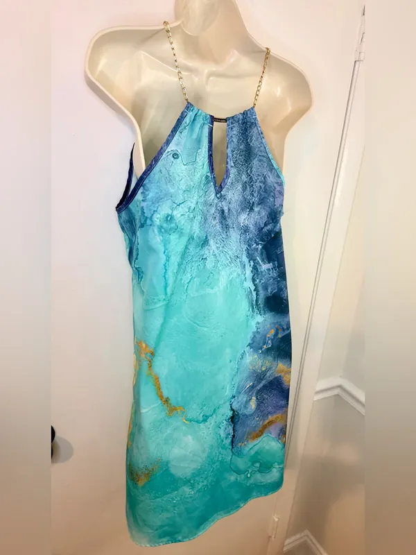 Emery Rose S Teal Blue Gold Chain Halter Dress Watercolor Marble Mini - Image 11