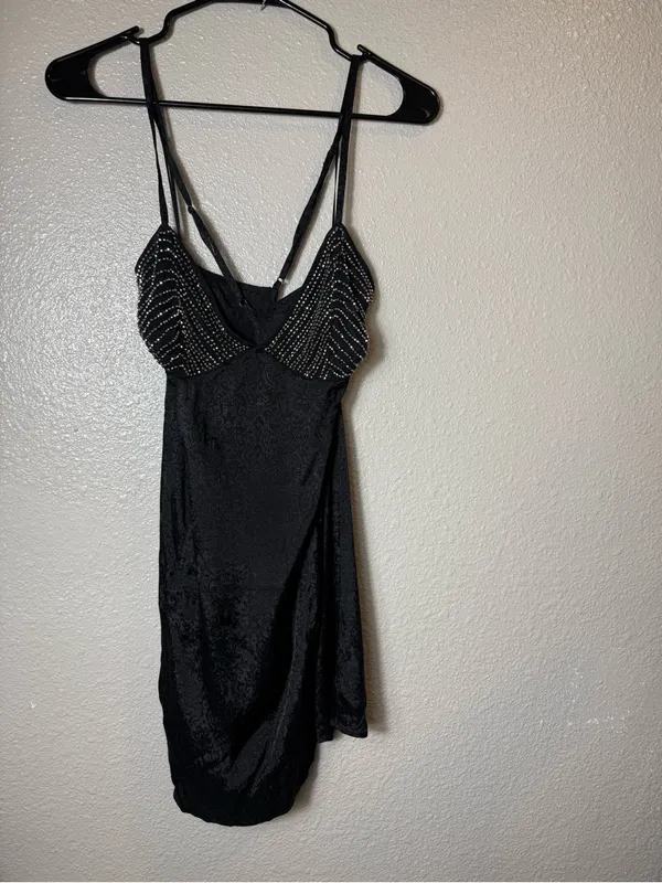 Free People Dress People Beaded Slip Mini Dress Black‎ Open Back Jacquard Size L - Image 3