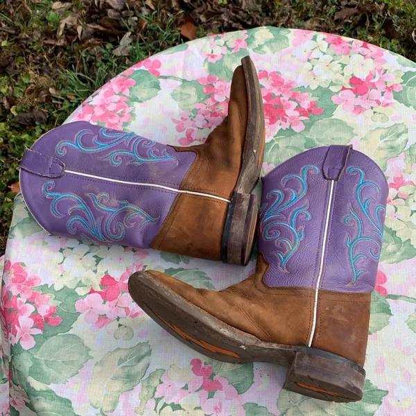 Old West Purple, Blue and Brown Embroidered Cowboy Boots Size 5D - Image 5