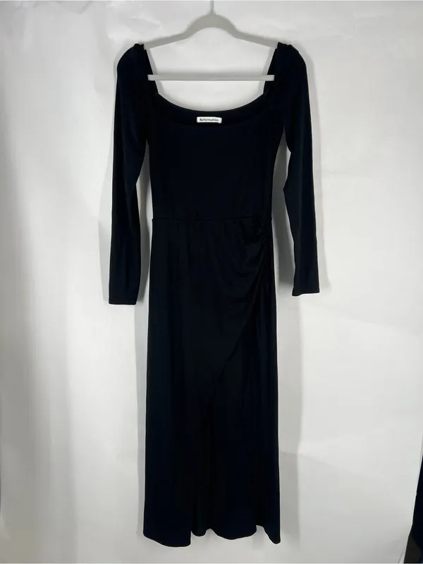 Reformation Dottie Black Long Sleeve Ruched Midi Dress Size S - Image 2