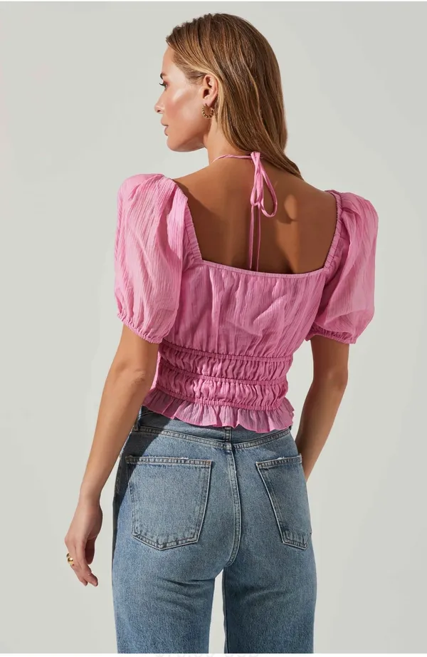 ASTR Smocked Puff Sleeve Top - Pink - Image 2