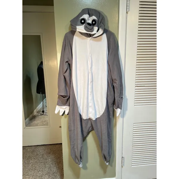 Unisex Adult Sz Small Gray Sloth Cosplay One Piece Pajamas Costume Snap Up Long - Image 2