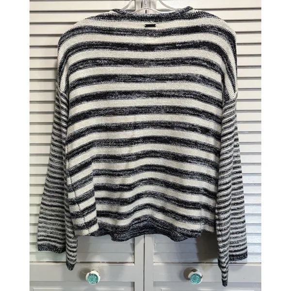 Billabong Striped Tie‎ Up Sweater Long Bell Sleeve Size L Black/Cream Knit Soft - Image 4