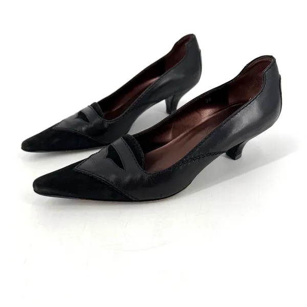 Tods Kitten Heel Pumps Womens‎ 36 Black Leather Suede Pointed Toe Office Siren - Image 2