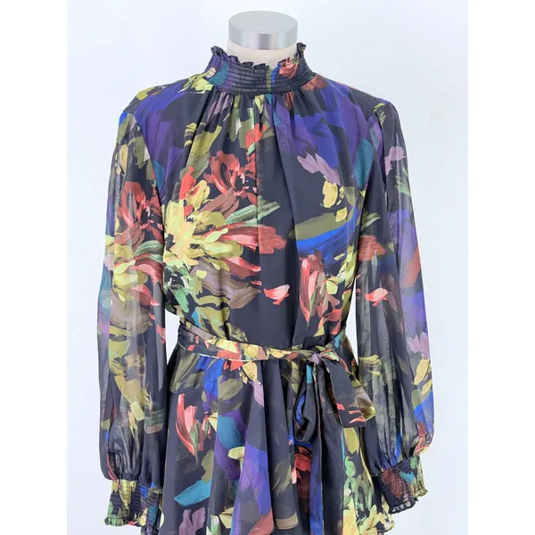 Alex Marie Floral Chiffon Smocked Mock Neck Sheer Sleeve Dress Navy 8 - Image 2