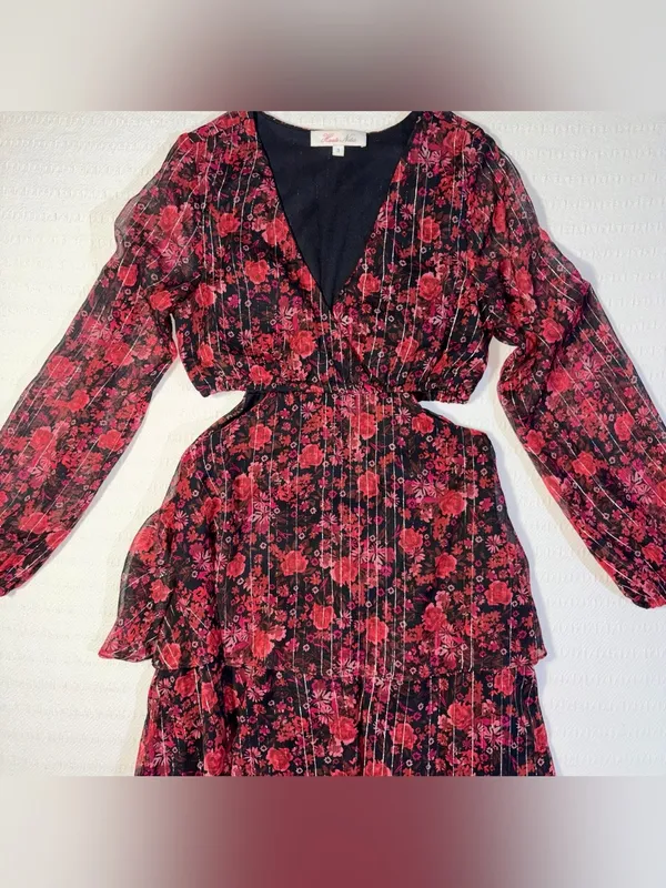 Haute Nites Floral Tiered Cutout Maxi Dress Small Flowy Fairy Party Going Out - Image 4