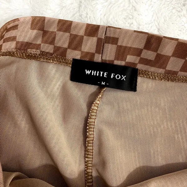 White Fox Boutique Brown Checkered High Rise Mesh Pull On Flare Pants M - Image 4