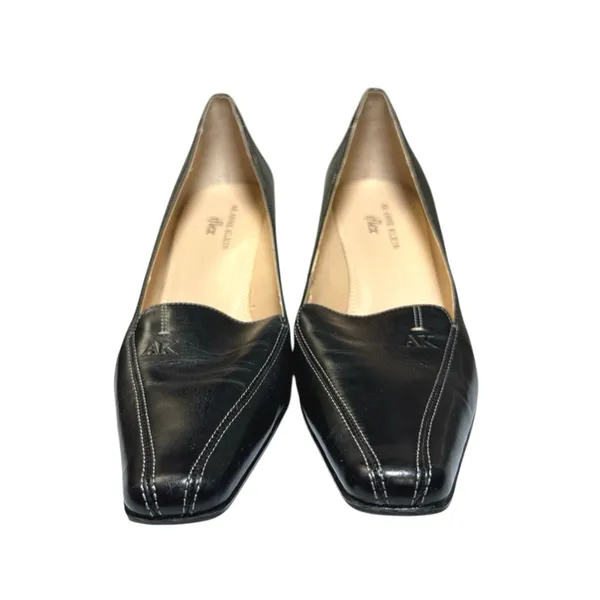 AK Anne Klein Women's Black Leather Slip On Square Toe Blook Heels Size 9M - Image 2