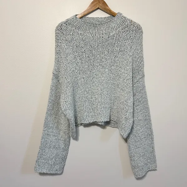 Anthropologie Chunky Knit Sweater Size Large Wide Bell Sleeves Blue Cotton - Image 2