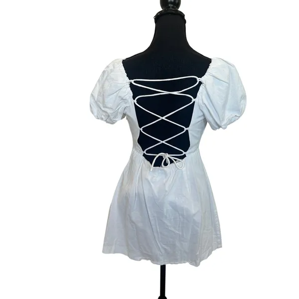 Louna White Bodycon Peasant Mini Dress LARGE Bridal Cotton Corset Cottage $160 - Image 9