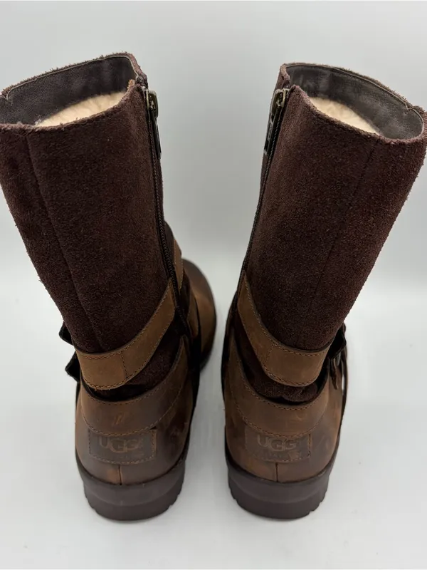 UGG Lorna brown leather and suede mid calf boot women’s 6.5 moto chic - Image 3