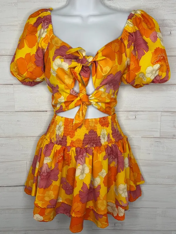 Agua Bendita Set Bailee Crop Top Teresa Tiered Skirt Yellow Blooms Size Small - Image 2