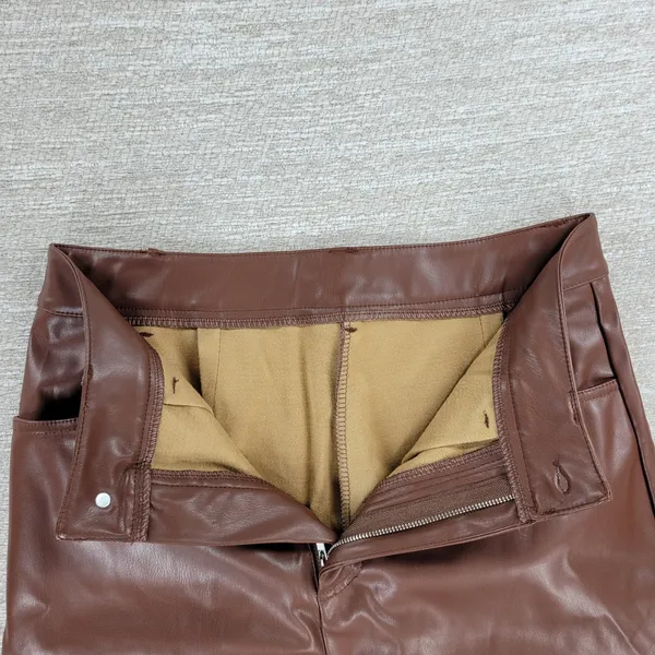 Faux Leather Pants Medium Brown High Waist Straight Leg Zip Casual Chic Club - Image 11