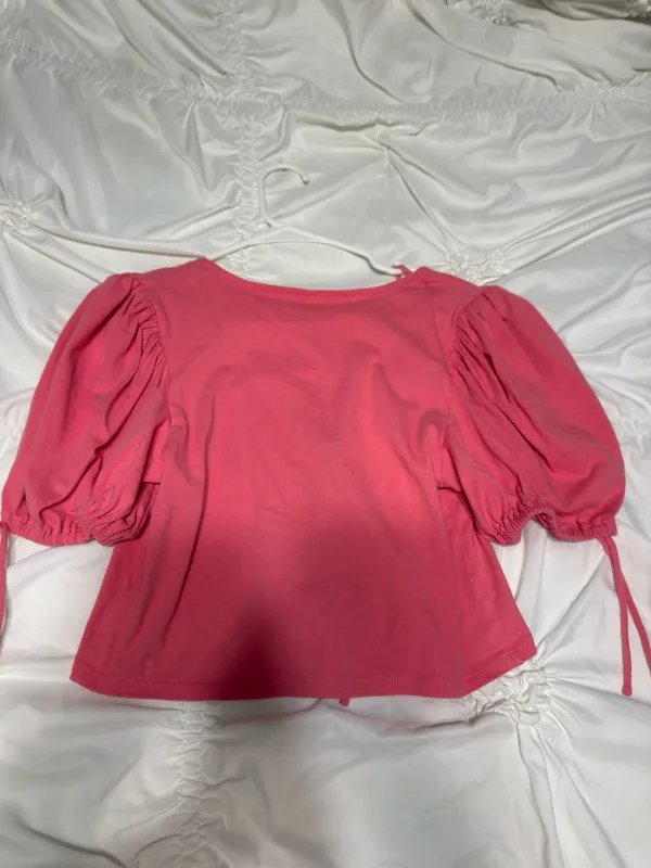 Free People Pink Tie Top Front Puff Sleeve Crop - Image 3