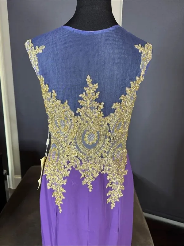 Women’s Purple Formal Evening Gown Gold Accents Mermaid Fit Train Size 10 NWT - Image 4