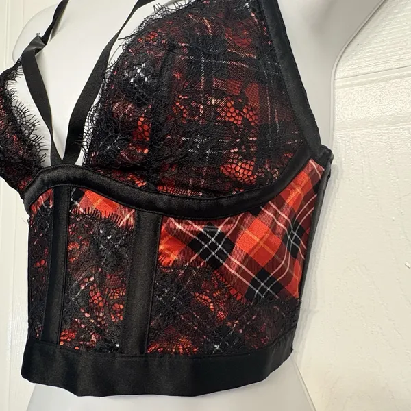 Victorias Secret Med Red Black Plaid Lace Satin Bustier‎ Longline Bra Very Sexy - Image 5