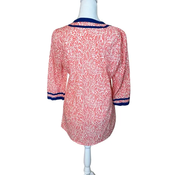 J. Crew Coral Navy Floral Crepe 100% Cotton V-neck 3/4 Sleeve Tunic‎ Medium EUC - Image 4