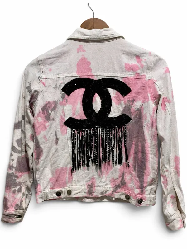 Pink Splatter Sequin Fringe Embellished Denim Jacket S Styled By Coco White - Image 2