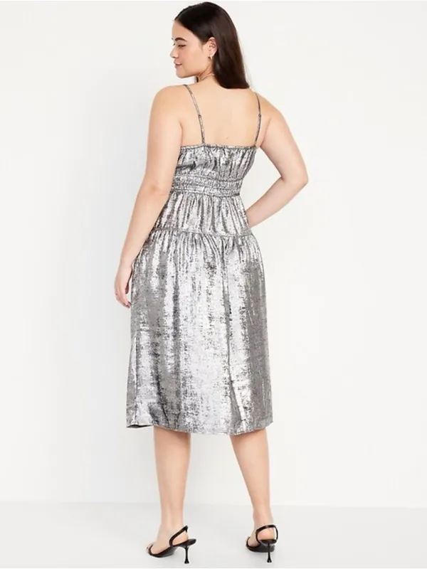 Y2K Metallic Boho Smocked Waist defined Midi Dress L Party Prom Graduation Glam - Image 2