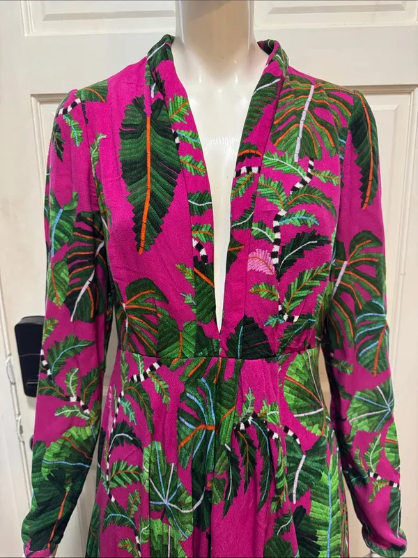 Farm Rio Boho Tropical Print Long Sleeve Maxi Dress in Fuchsia Size Small - Image 4