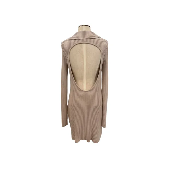 LPA Naolin Taupe Rib Knit Open Back Collared Bodycon Mini Dress‎ Size Medium - Image 9