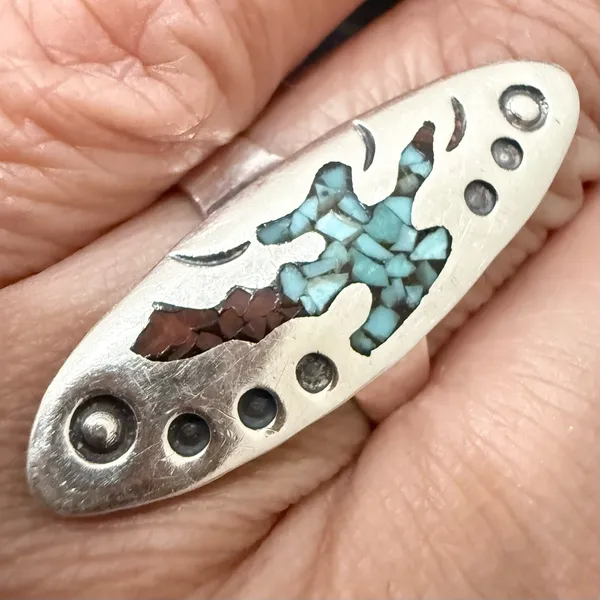 Vintage Sterling Silver Native American Turquoise Coral Chips Peyote Bird Ring 7 - Image 9