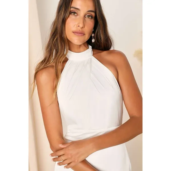 Lulus Eternity Together White Satin Halter Mermaid Maxi Dress Size XS Bridal - Image 3