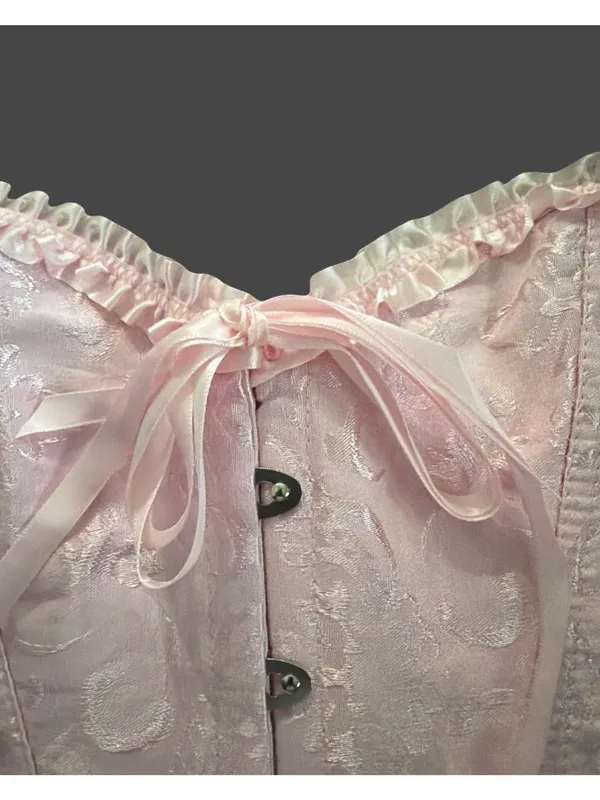 Lady Jacquard Floral Bustier Overbust Corset Top Lace Up Ruffle Steampunk Gothic - Image 9