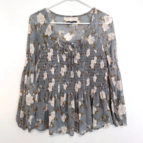 AMERICAN EAGLE Smocked Floral Blouse Blue Cream Ivory Long Sleeve Boho Peplum XS - Image 2