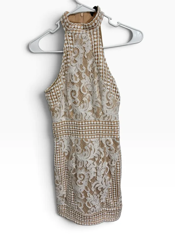 PrettyLittleThing White Lace Nude Illusion Halter Neck Bodycon Dress UK 6 / US 2 - Image 3