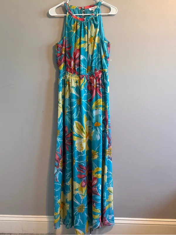 Nine West Floral Maxi Dress Blue‎ Pink Yellow Sleeveless Size 4 - Image 3