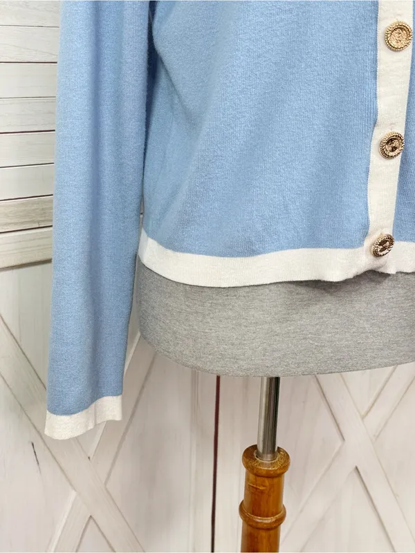 Emerson Lang Cardigan Sweater Button Front Contrast Trim Blue White Medium - Image 6