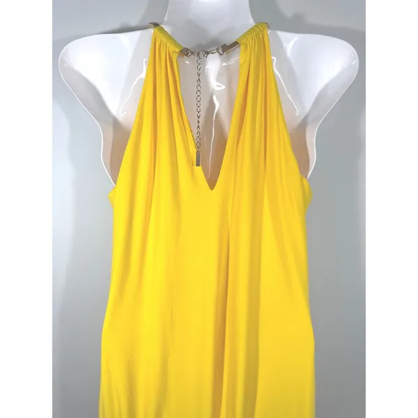 Kensie Yellow Halter‎ Dress Gold Chain Neckline Draped Layered Mini Size 2 - Image 5