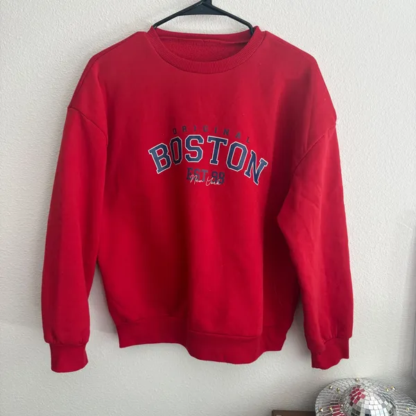 SHEIN Red Boston Graphic Crew Neck Sweatshirt Collegiate Fleece Pullover Small - Image 3