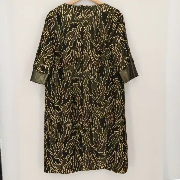 Vintage 90s Metallic Gold Jacquard Shift Dress Womens Size S Black Gold Evening - Image 2