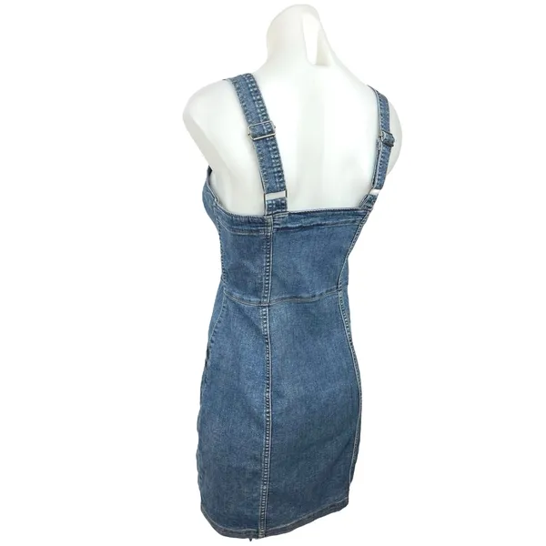 H&M Blue Denim Square Neck Sleeveless Button Mini Overalls Jumper Jean Dress 4 - Image 2