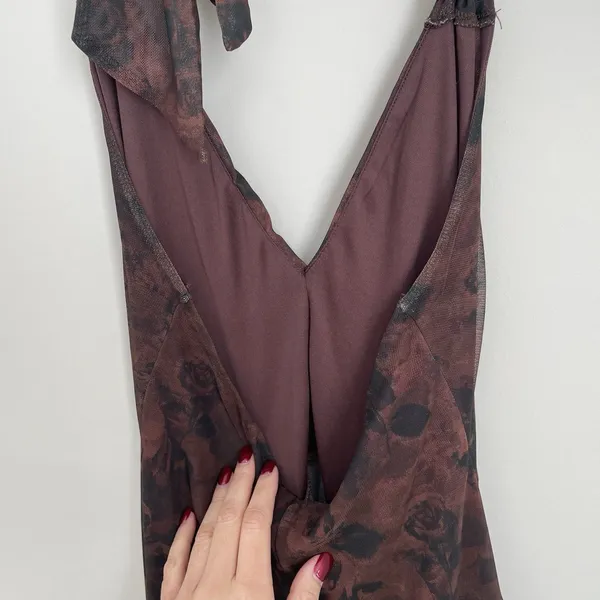 Urban Outfitters Size S Brown V Neck Y2K Dress Waterfall Boho Flowy Mini - Image 5
