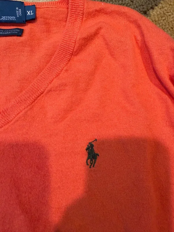 Polo Ralph Lauren Orange V Neck Sweater Preppy Cotton Cashmere Men’s Size XL - Image 2