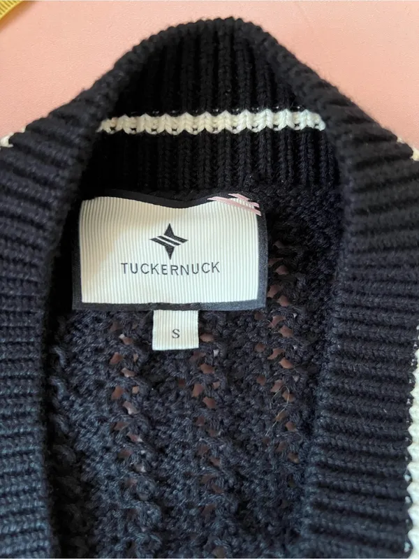 Tuckernuck Sport Cropped Irene Black Sweater White Stripe Trim Small - Image 4