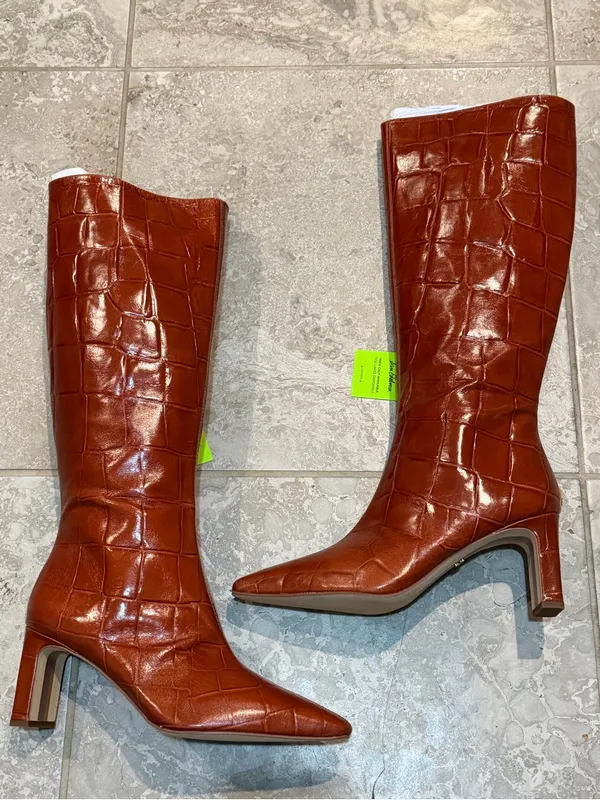 Sam Edelman Sylvia 2 Tall Croc-Embossed Pointed-Toe Boots in Brown, Size 11, NWT - Image 4