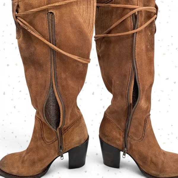 Freebird by Steven Brock Boots Brown Tan Suede Tall Heel Leather OTK Fall Boho 9 - Image 3