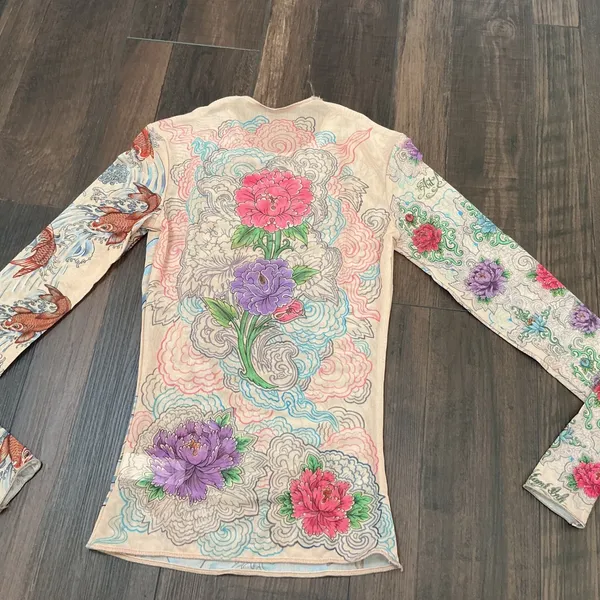 Miami Ink Tattoo Print Mesh Top Tan Koi Fish Floral Long Sleeve Y2K Slim XS/S - Image 7