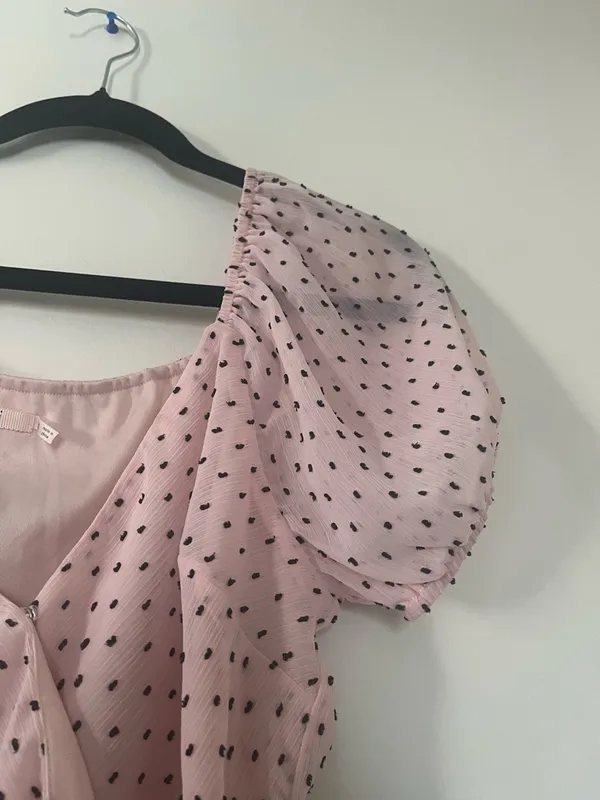 Pink Black Polka Dot Coquette Blouse Small Puff Sleeve Peplum Top Romantic - Image 6