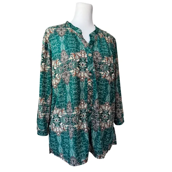 Green, Cream & Brown Long Sleeve Relaxed Fit Lightweight Button Front Blouse - Image 5