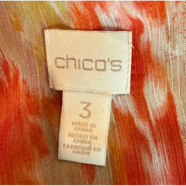 Chicos 3 US XL Womens Blouse Orange Ikat Sequin Neck Front Tie Long‎ Sleeve Top - Image 3
