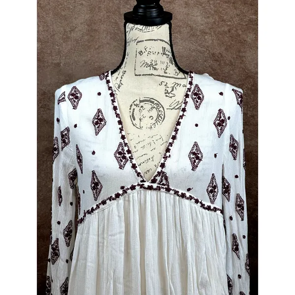 Free People Embroidered Diamond Top Mini Dress Cream Burgundy size S - Image 9
