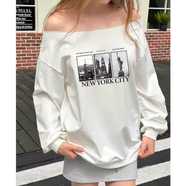 Shein Women’s XS White NYC Graphic Sweatshirt Off Shoulder Times Square Liberty - Image 6