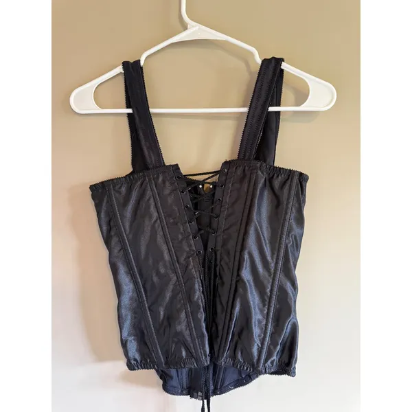 Vintage Empire Intimates Black Satin Lace Up Corset Top Back Zip Style 7916 36 - Image 2
